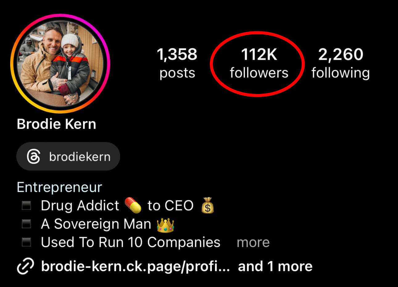 The Content Factory Screenshot of an Instagram profile showing 1,358 posts, 112K followers, and 2,260 following. The profile owner is Brodie Kern, an entrepreneur with past experiences listed in the bio. The page is a testament to his success in content creation at The Content Factory in ATX. In Austin, Texas