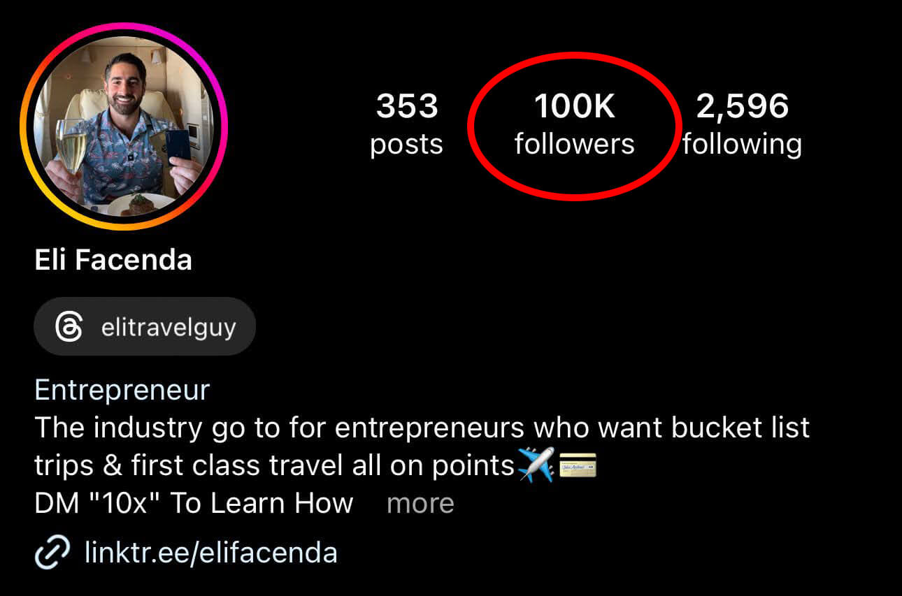 The Content Factory Instagram profile of Eli Facenda, based in Austin, Texas with 353 posts, 100K followers, and 2,596 following. The bio reads "Entrepreneur. The industry go-to for entrepreneurs who want bucket list trips & first-class travel all on points." Content creation expert at The Content Factory. In Austin, Texas