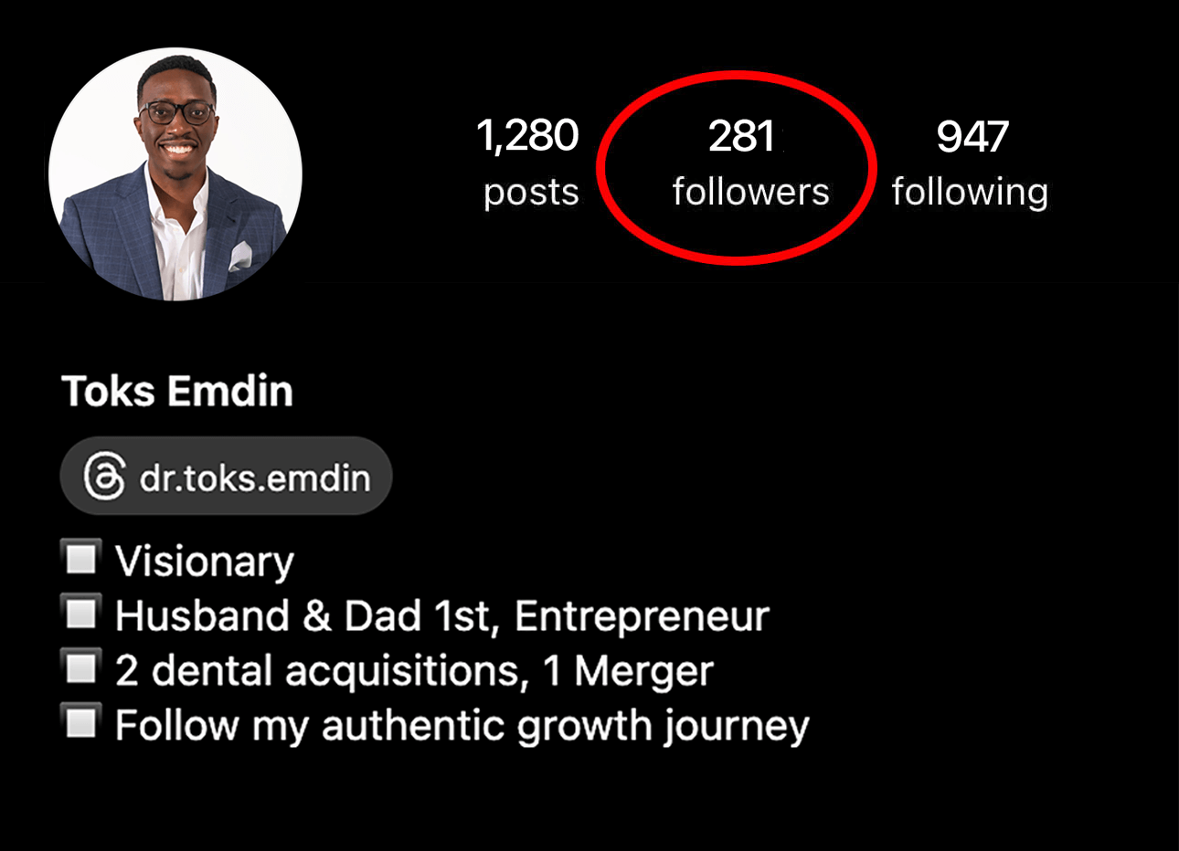 The Content Factory Instagram profile page showing a man’s photo, username “Toks Emdin,” 1,280 posts, 281 followers, and 947 following, with a brief professional and personal bio. In Austin, Texas