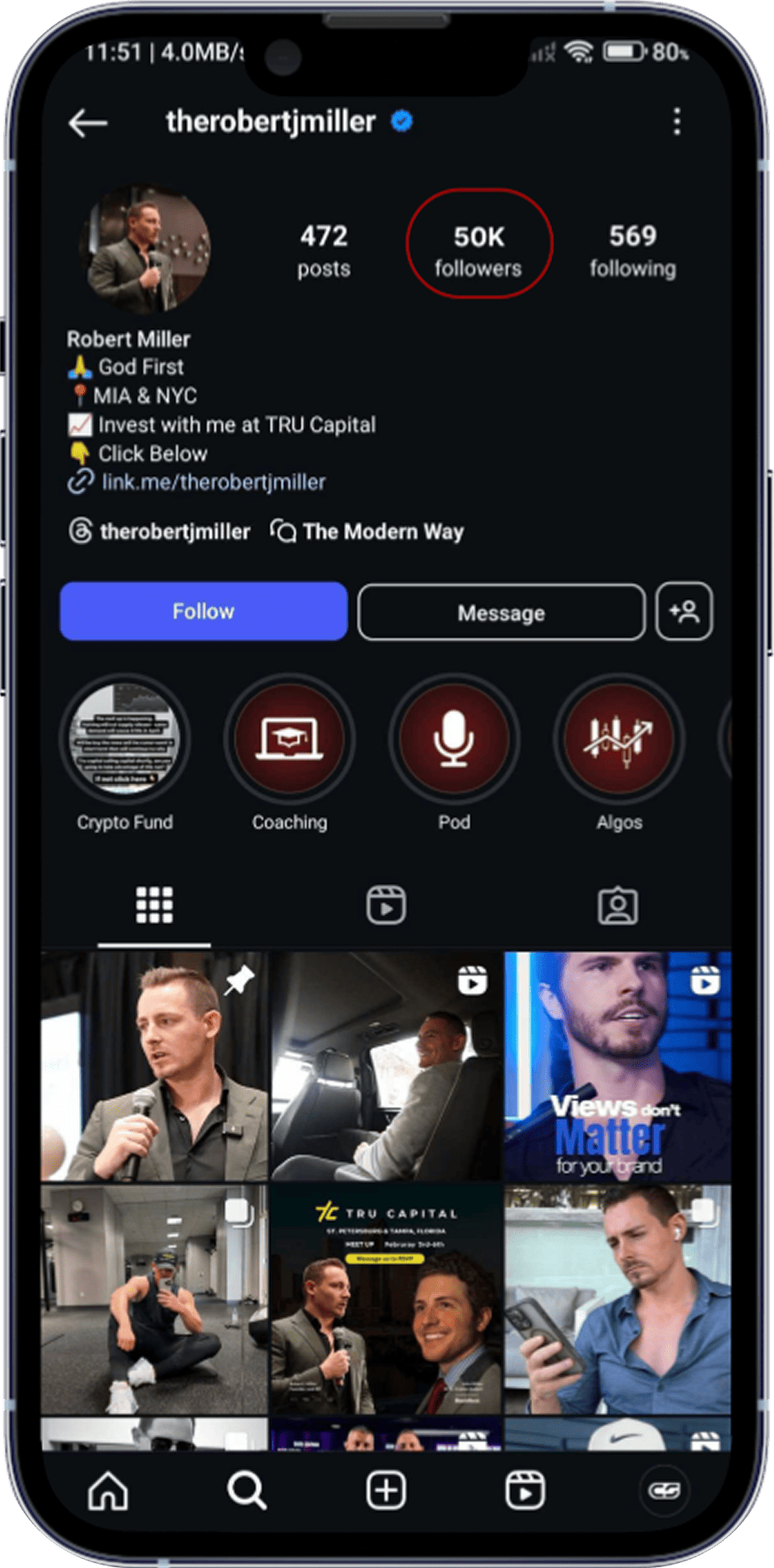The Content Factory Instagram profile of a user with 50K followers, showcasing posts about finance and coaching. The profile photo is of a man, and the grid includes images of him speaking and working. In Austin, Texas