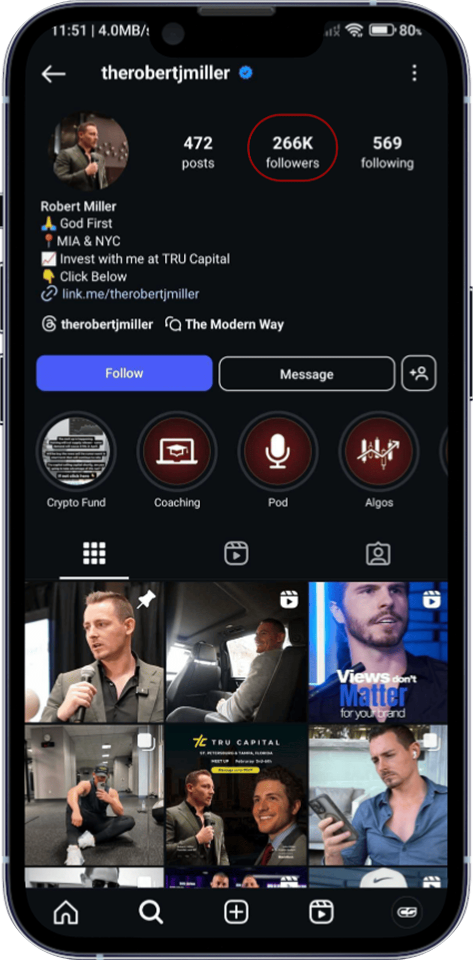 The Content Factory Instagram profile displayed on a smartphone screen, showing 472 posts, 266K followers, and 569 following. The grid includes various images of a person, business-themed. In Austin, Texas