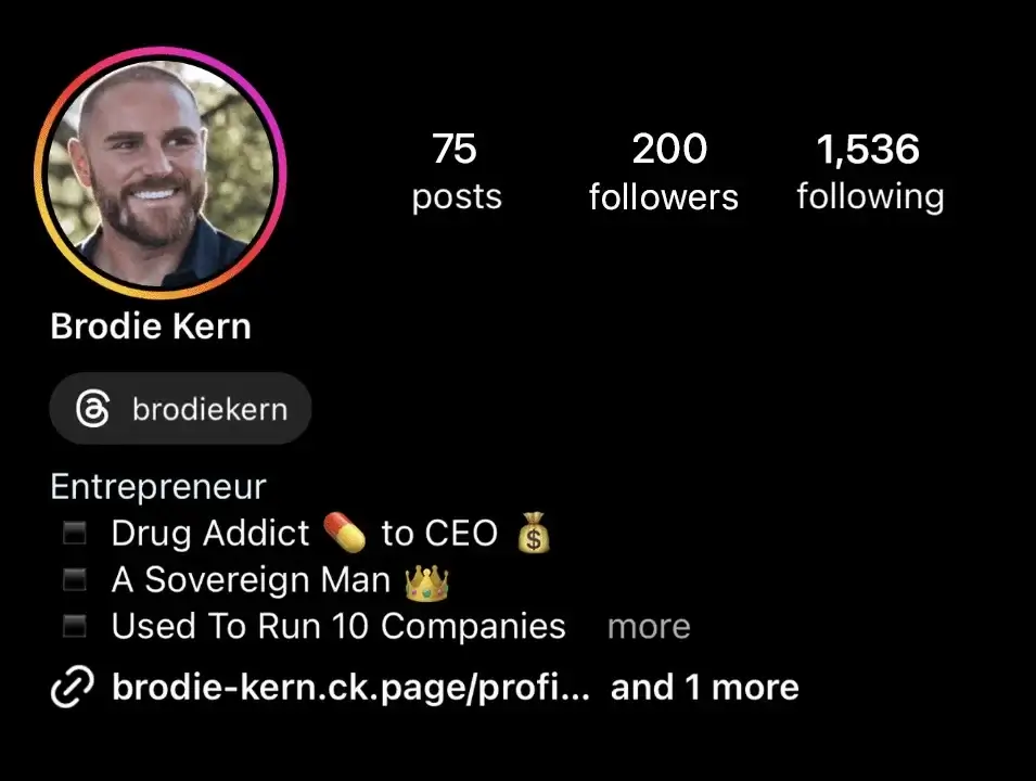 The Content Factory Instagram profile of Brodie Kern showcasing 75 posts, 200 followers, and a bio detailing his roles, personal history, and expertise in delivering content factory results with The Content Factory’s viral content system. In Austin, Texas