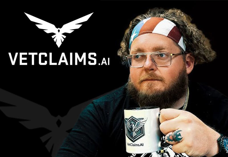 The Content Factory A man with curly hair and glasses holds a VetClaims.AI mug, wearing a headband, in front of a VetClaims.AI logo on a black background. In Austin, Texas
