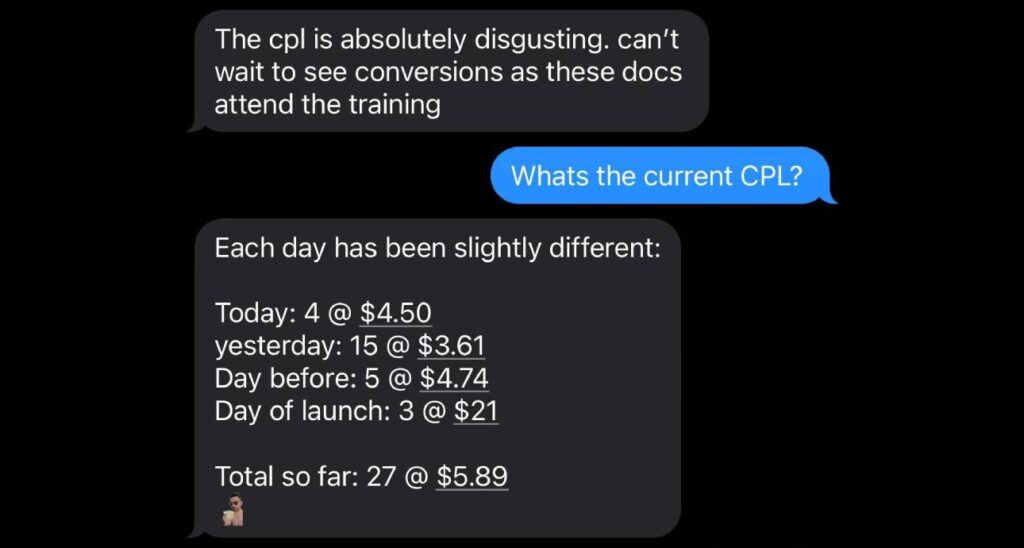 The Content Factory Text conversation about cost per lead (CPL) showing daily CPL numbers, with one person expressing frustration and another reacting with surprise. In Austin, Texas