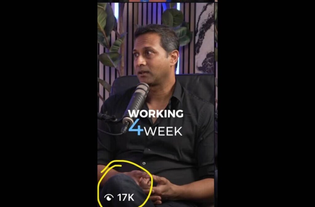 The Content Factory A man sits and speaks into a microphone with the text "WORKING 4 WEEK" over him. A yellow circle highlights "17K" views at the bottom left. In Austin, Texas