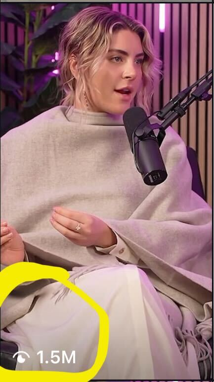 The Content Factory A woman in a light-colored shawl sits and speaks into a microphone in a podcast studio; a "1.5M" view count is circled in yellow at the bottom left. In Austin, Texas