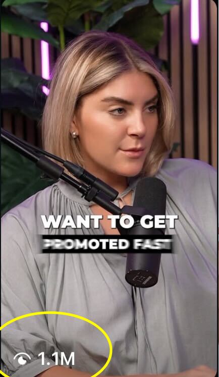 The Content Factory A woman with blonde hair speaks into a microphone on a podcast, with text overlay reading "WANT TO GET PROMOTED FAST" and a view count of 1.1M displayed in the corner. In Austin, Texas