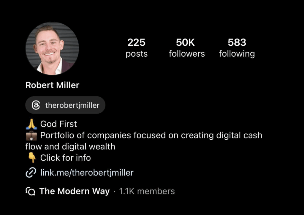 The Content Factory Instagram profile for Robert Miller, showing profile photo, 225 posts, 50K followers, 583 following, bio about digital wealth, and a link to more information. In Austin, Texas