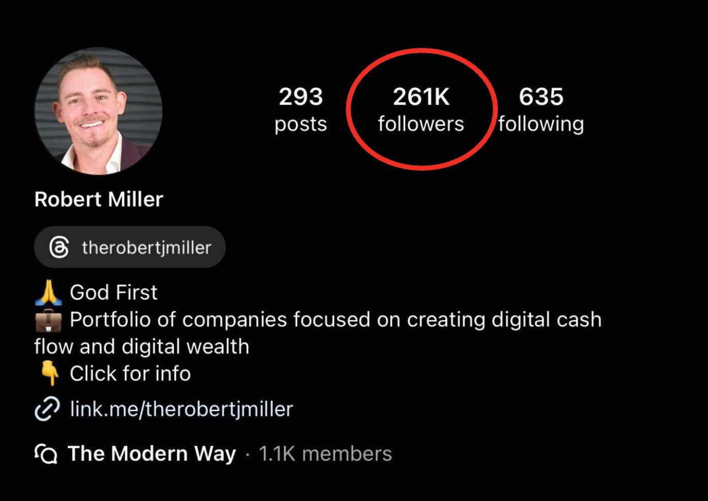 The Content Factory Instagram profile page showing user Robert Miller with 261K followers, 293 posts, 635 following, and a portfolio focused on digital cash flow and wealth. In Austin, Texas