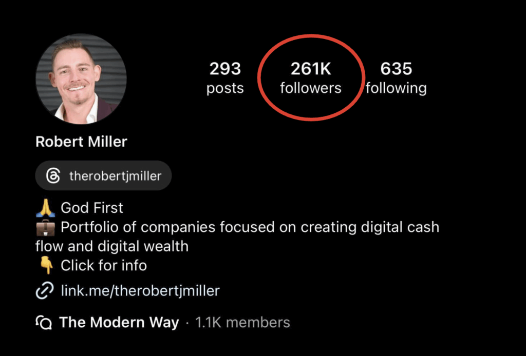 The Content Factory Instagram profile of Robert Miller showing 261K followers, 293 posts, 635 following, and a bio about creating digital cash flow and wealth. Profile photo included on the left. In Austin, Texas