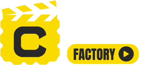 The Content Factory Logo with a yellow film slate, a bold black "C," and the words "The Content Factory" in yellow and white letters, with a play button graphic. In Austin, Texas